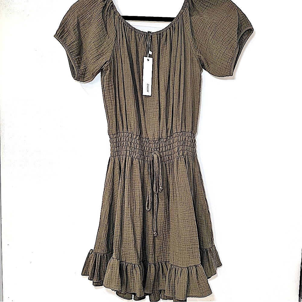 NWT Drew Army Green Gauze Cotton Off The Shoulder Short Sleeve Dress, Sz Medium